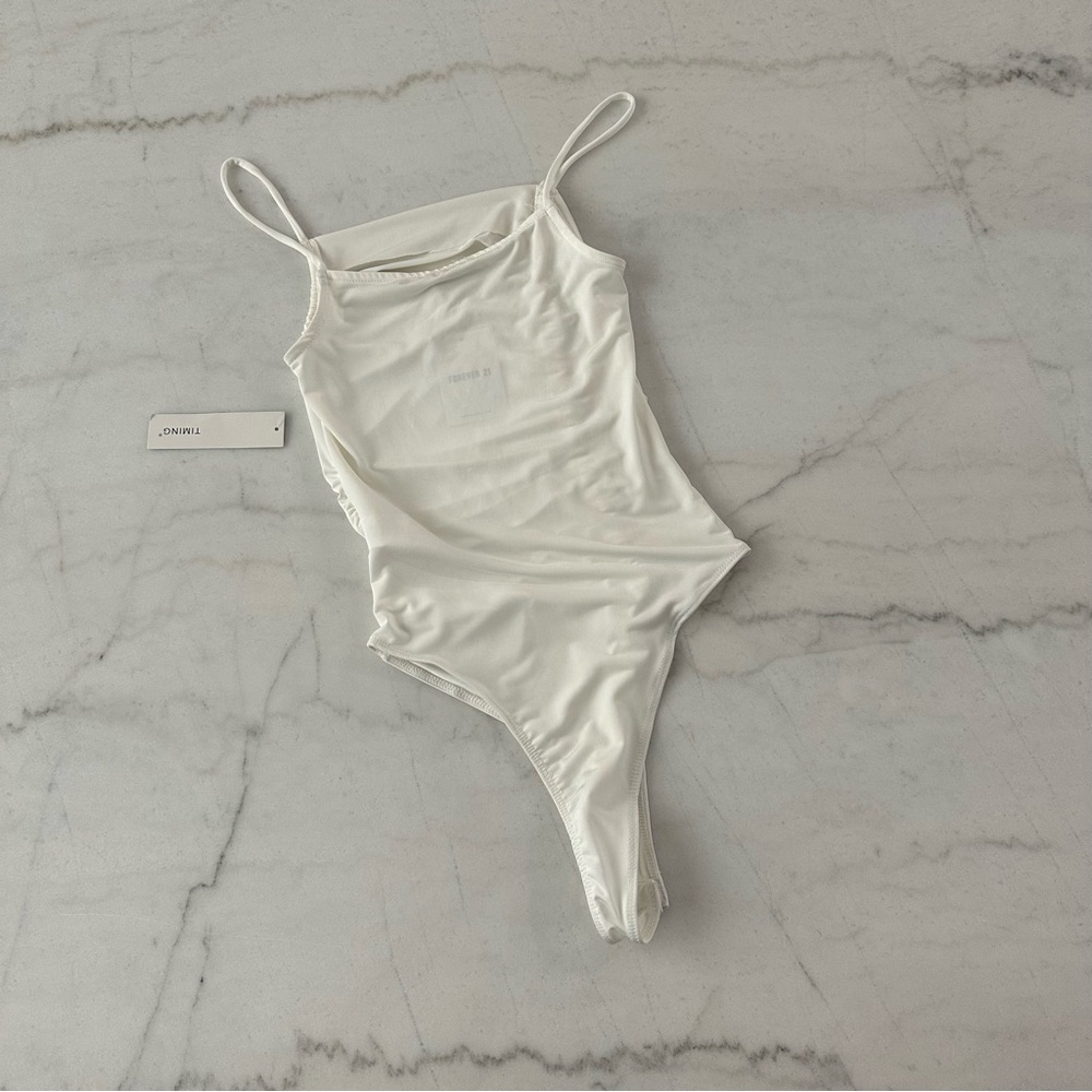 F21 BODYSUIT ✨ Bundle 2 bodysuit white tan ruching thin strap sexy nwt tank s - Picture 3 of 6